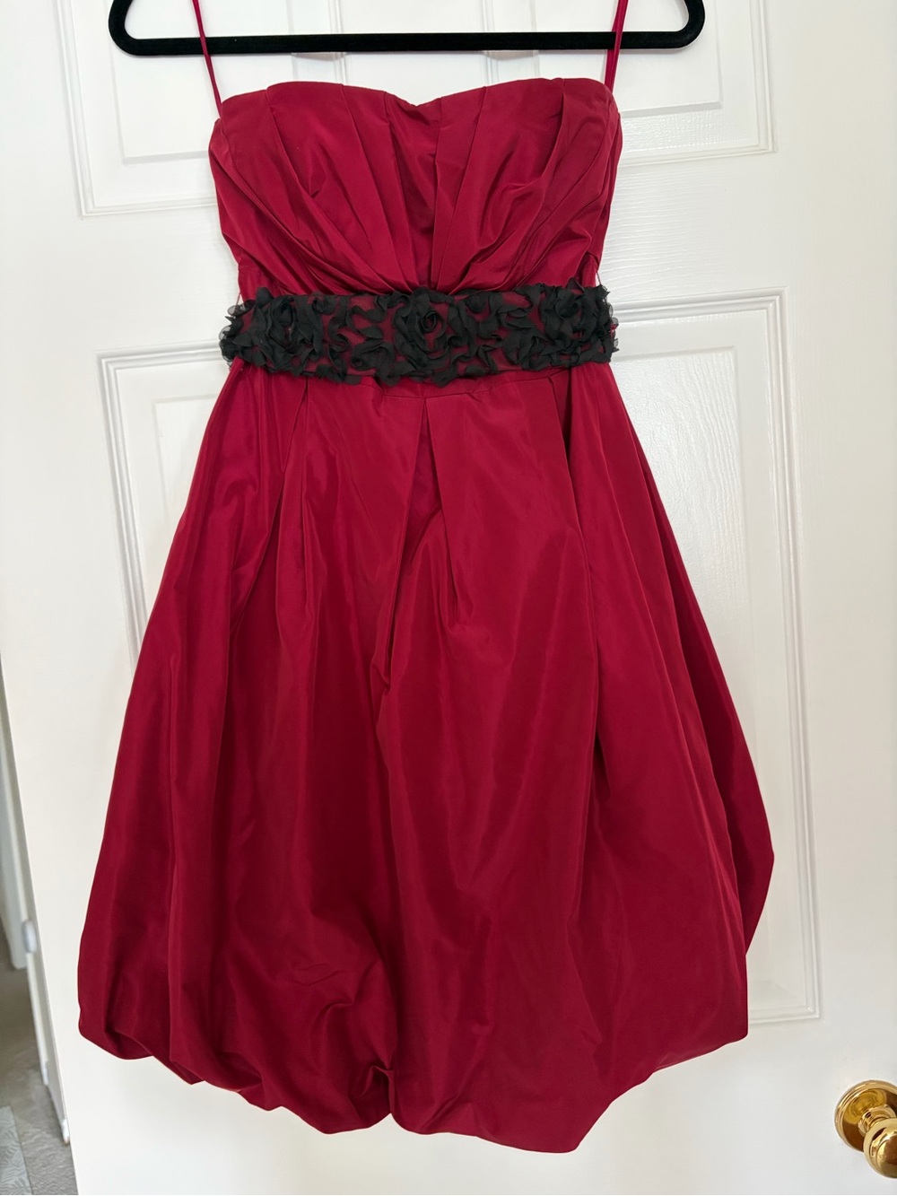 RW&CO. Red Strapless Bubble Party Dress with Black Floral Tie Waistband
